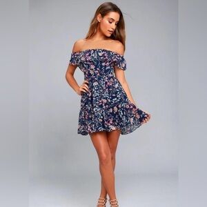 My Favorite Navy Blue Floral Print Off-the-Shoulder Dress
Sz XS
